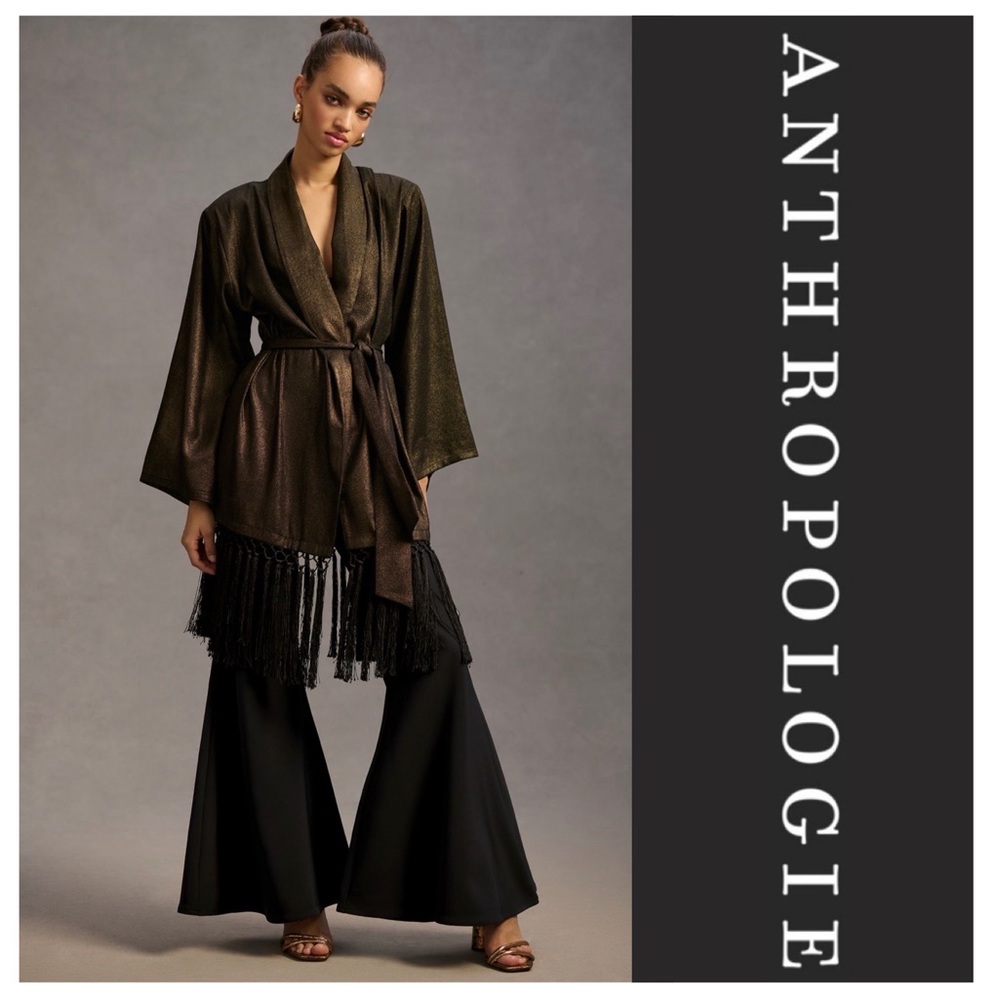 Anthropologie Metallic Fringe Kimono Duster Jacket